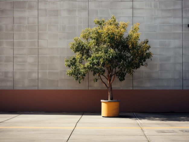 a tree in a pot on the side of a building