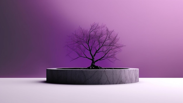 A tree in a pot with a purple background.