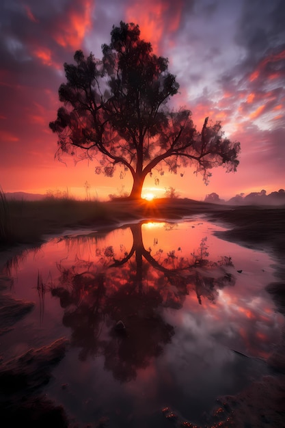 A tree in a puddle with the sun setting behind it