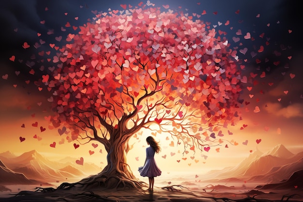 Tree red hearts love and emotion woman with positive mind and consciousness meditation spirituality