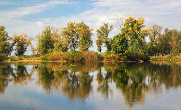 Tree reflections in the lake in autumn time. Beautiful park