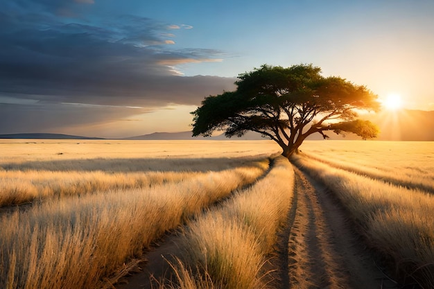 A tree on the road in the middle of a field with the sun setting behind it