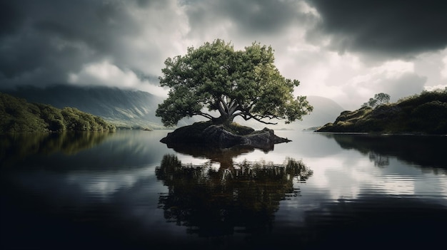 A tree on a rock in the lake