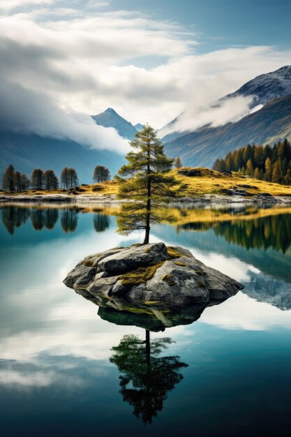 a tree on a rock in a lake