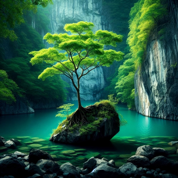 Photo tree on the rock water background