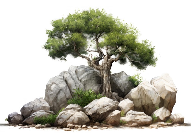 Tree and Rocks Isolated Illustration AI GenerativexA