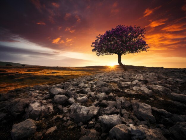 a tree in a rocky area