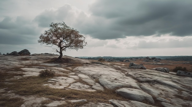 A tree on a rocky hill with a cloudy sky in the background