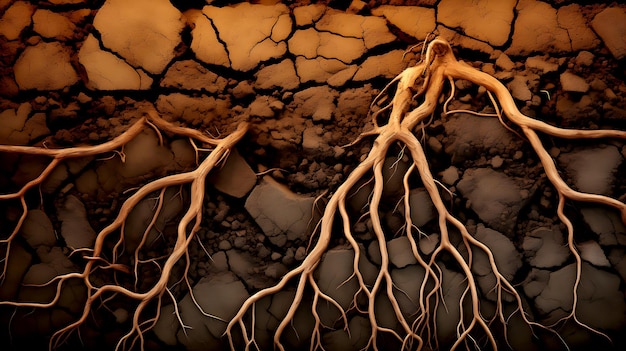 Photo tree roots in soil close up underground texture generative ai illustration
