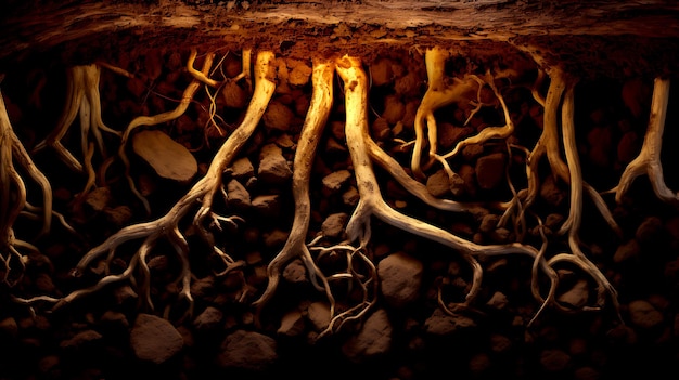 Tree roots in soil close up underground texture generative AI illustration