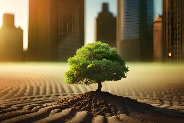 A tree in the sand with a city in the background