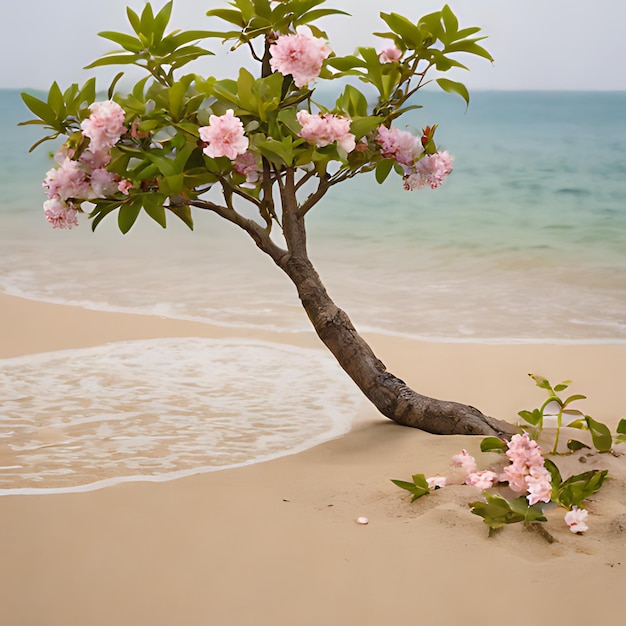 a tree in the sand with pink flowers on it