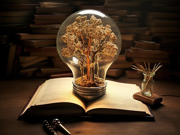 Photo tree sculpture inside light bulb on open book generative ai