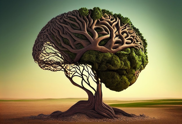 Tree in the shape of brain thinks and childrens to environmental solution Generate Ai