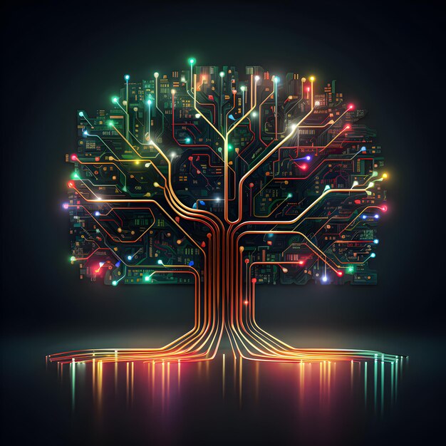 Photo a tree in the shape of a circuit board with colorful knots on a dark background