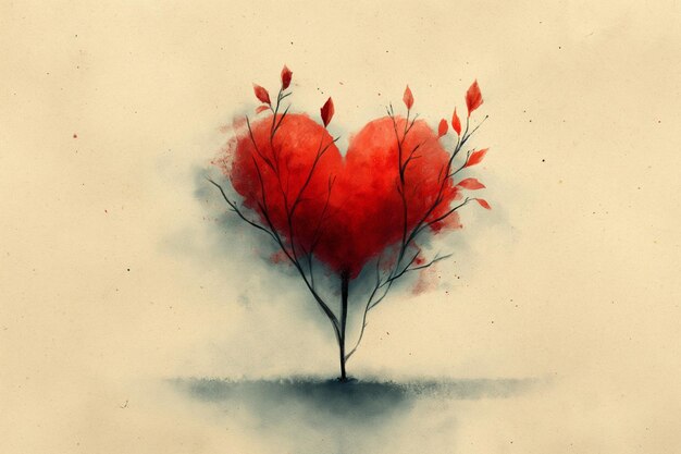 Photo a tree shaped like a red heart watercolour painting