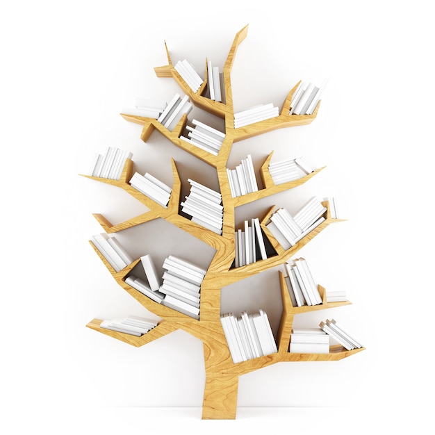 Tree-shaped shelf with white books