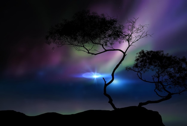 tree silhouette on beach at starry night moon light