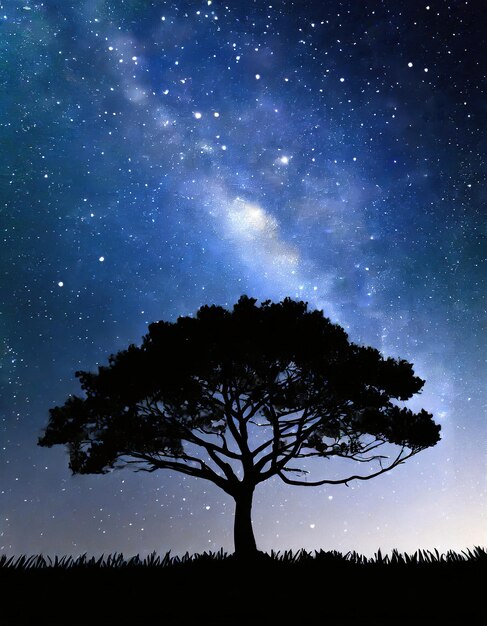 Tree silhouetted against a starry night sky