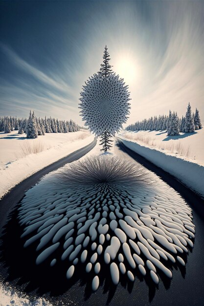 Tree sitting in the middle of a snow covered field generative ai