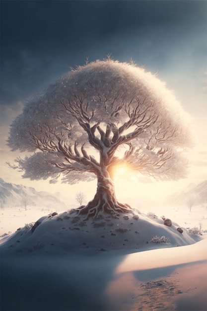 Tree sitting on top of a snow covered hill generative ai