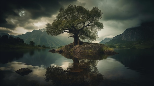 A tree on a small island in a lake with mountains in the background