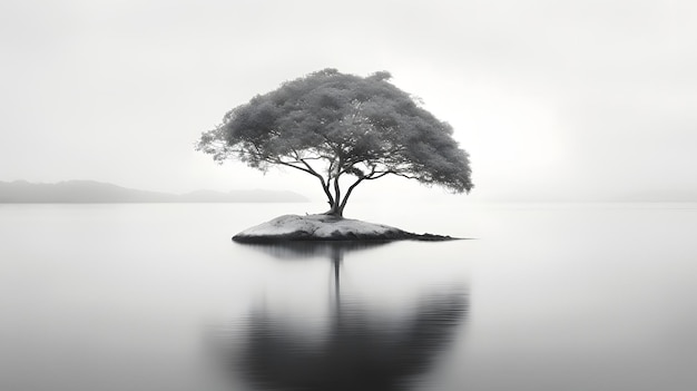 A tree on a small island in the middle of a lake