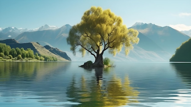 A tree on a small island in the water