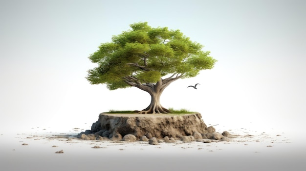 A tree on a small island with a bird flying above it