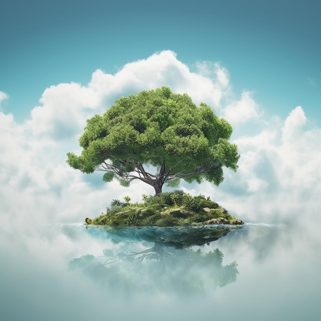 A tree on a small island with clouds in the background