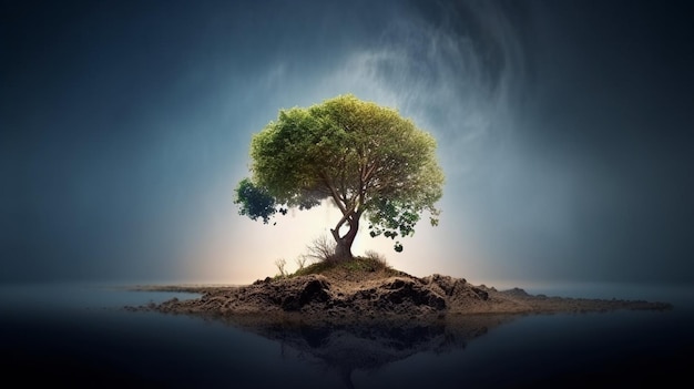 A tree on a small island with a sky background