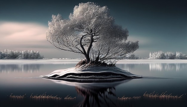 A tree on a small island with a snowy background