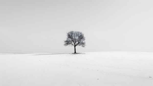 a tree in the snow is in the middle of a field