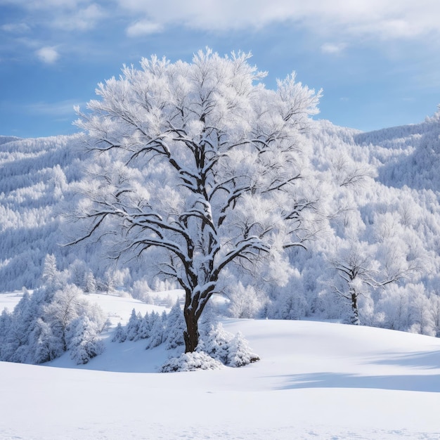 A tree in the snow in winter on a sunny day AIgenerated image