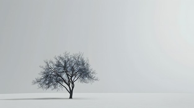 a tree in the snow with a gray background