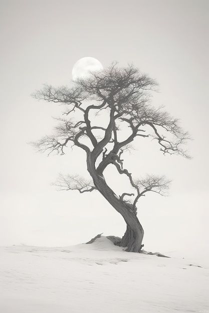 Photo a tree in the snow with the moon in the background.