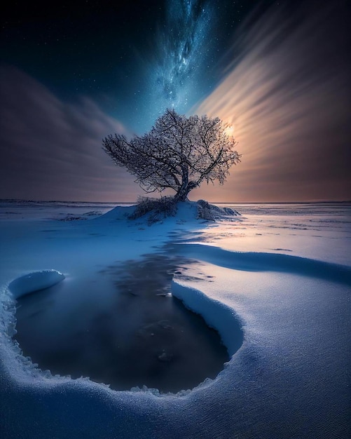 A tree in the snow with the moon behind it