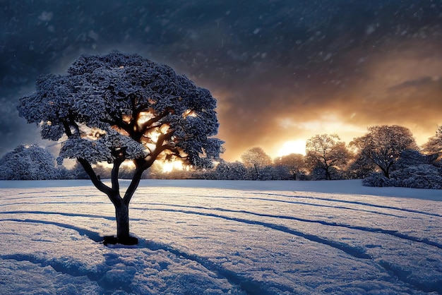 A tree in the snow with the sun behind it