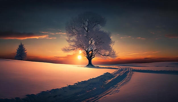 A tree in the snow with the sun behind it