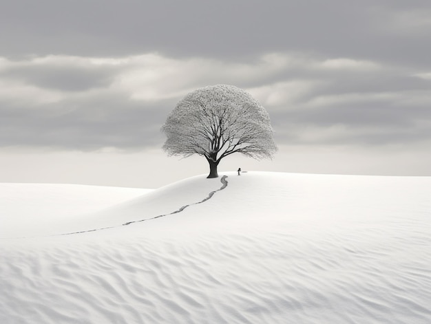 A tree in a snowy field with a person walking in the middle of it.