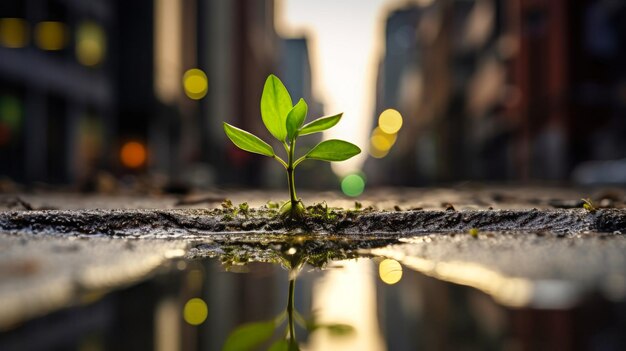 Photo a tree sprout emerges from the asphalt in the city center symbolizing ecology and nature conservation efforts