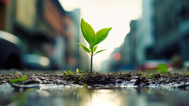 A tree sprout emerges from the ground in the rain in the city center highlighting ecology and nature conservation