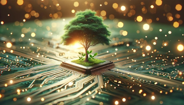 Tree sprouting from a microchip on a circuit board depicts the fusion of nature and technology in a sustainable development concept