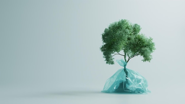 A tree sprouting from a plastic bag symbolizing the conflict between nature and pollution