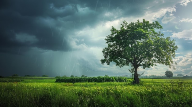 Foto albero in piedi nel campo sotto un cielo nuvoloso