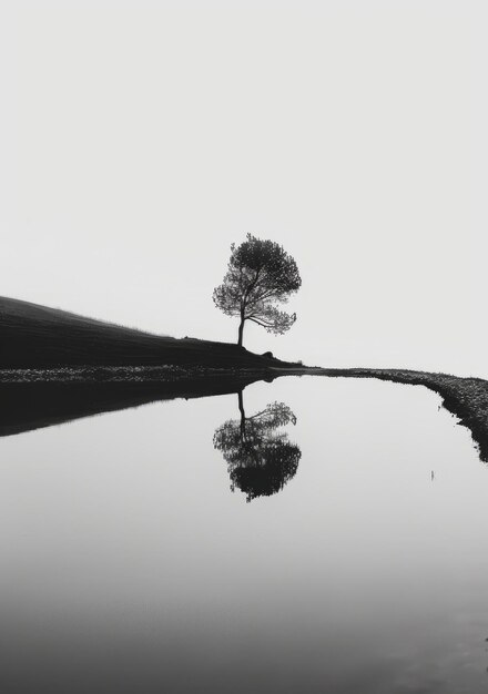 Photo a tree stands alone in a field next to a body of water