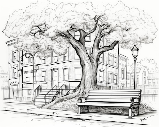 A tree stands by a brick path with a bench Generative AI