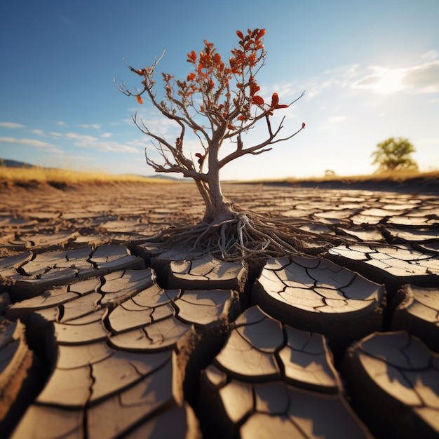 Tree stands in cracked earth depicting climate crisis water scarcity from global warming For Socia