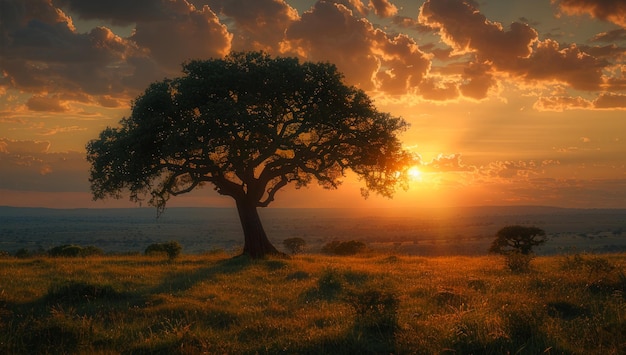 A tree stands in a field with a beautiful sunset in the background The sky is filled with clouds and the sun is setting casting a warm glow over the landscape