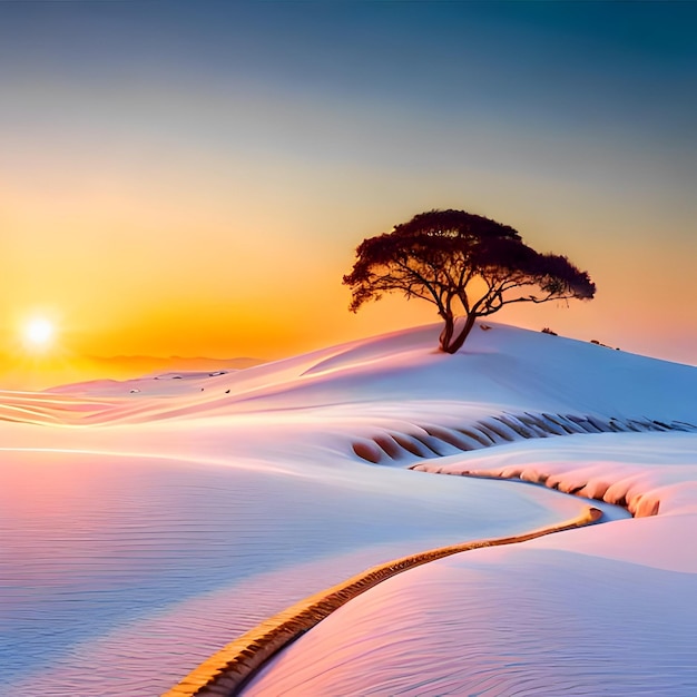 A tree stands in the sand dunes at sunset.